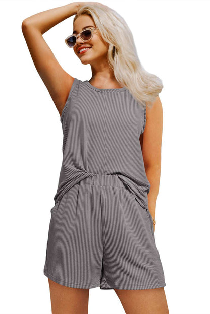 Smoke Gray Corded Tank Top and Pocketed Shorts Set 