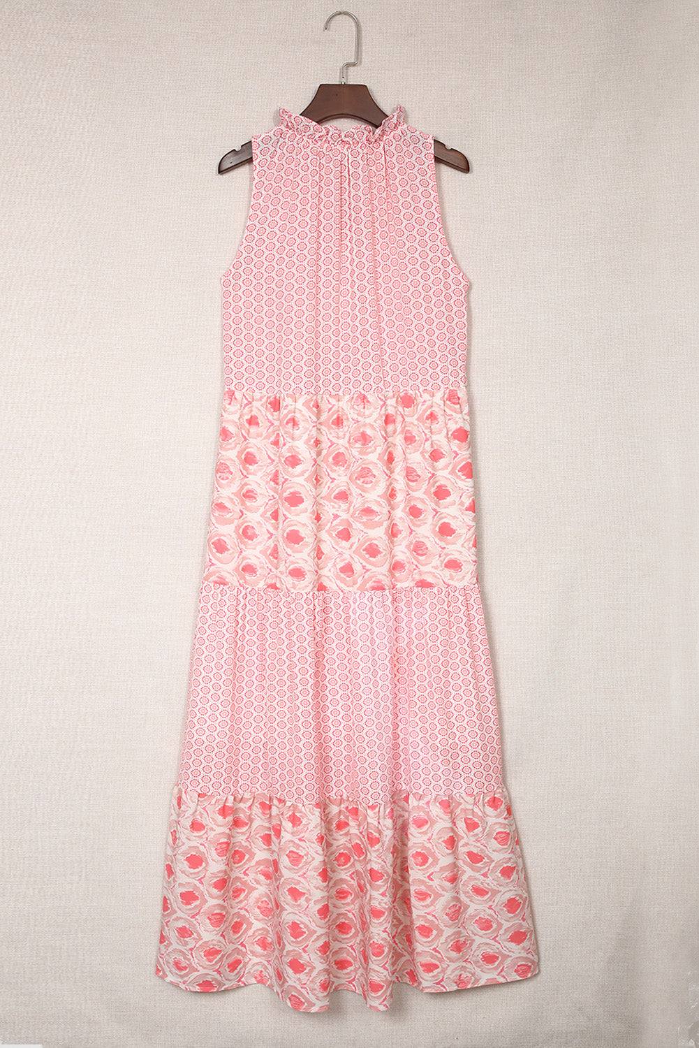 Pink Abstract Sleeveless V Neck Summer Tiered Dress 