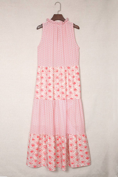 Pink Abstract Sleeveless V Neck Summer Tiered Dress 