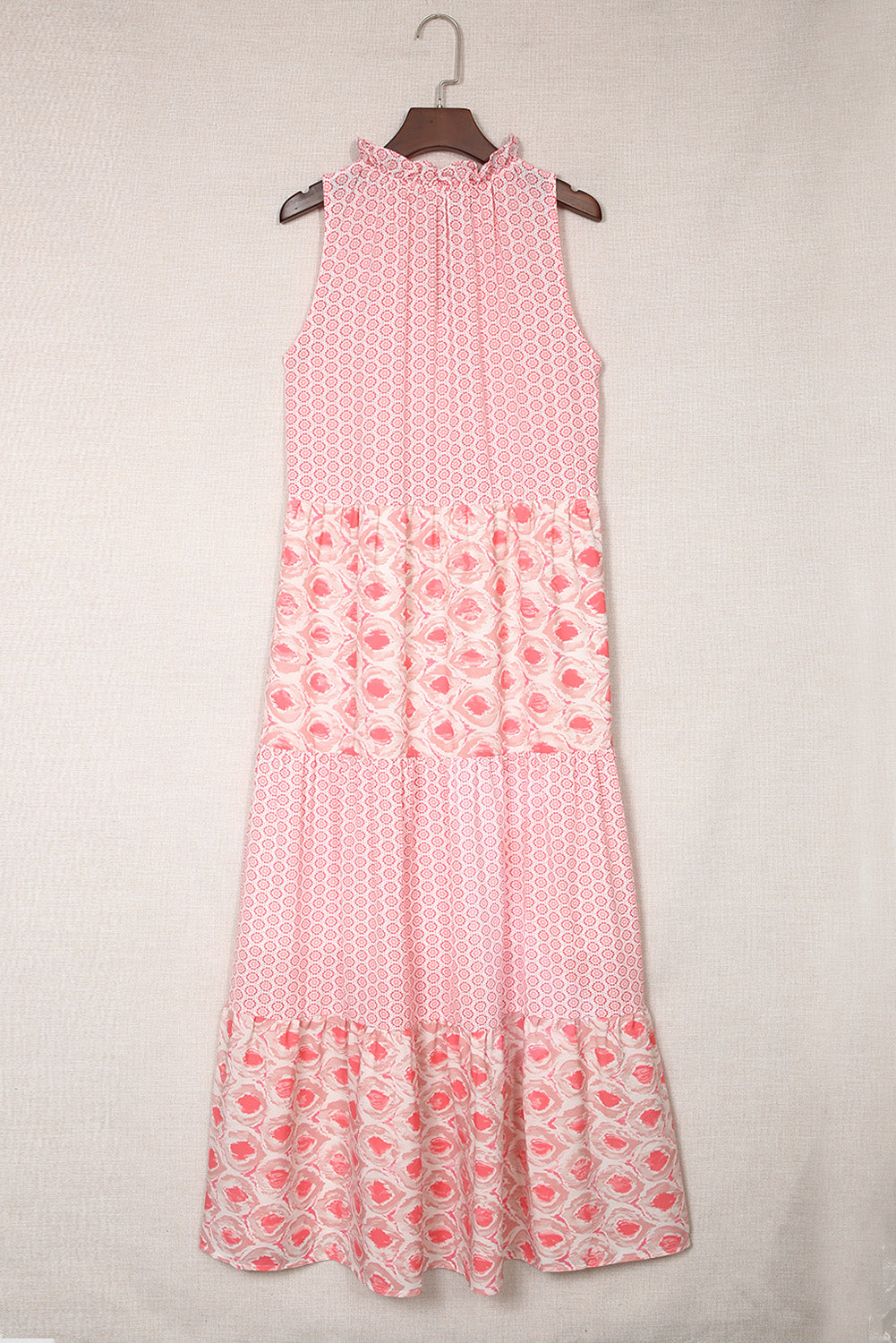 Pink Abstract Print Patchwork Sleeveless V Neck Tiered Dress 