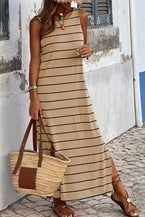 Khaki Striped Backless Casual Side Slits Maxi Dress 