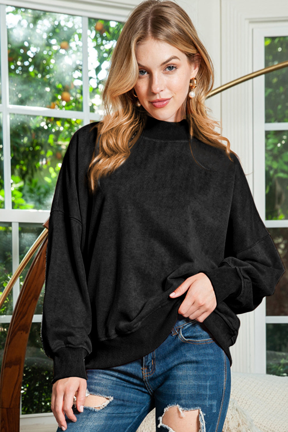 Brown Plain Drop Shoulder Crew Neck Pullover Sweatshirt 