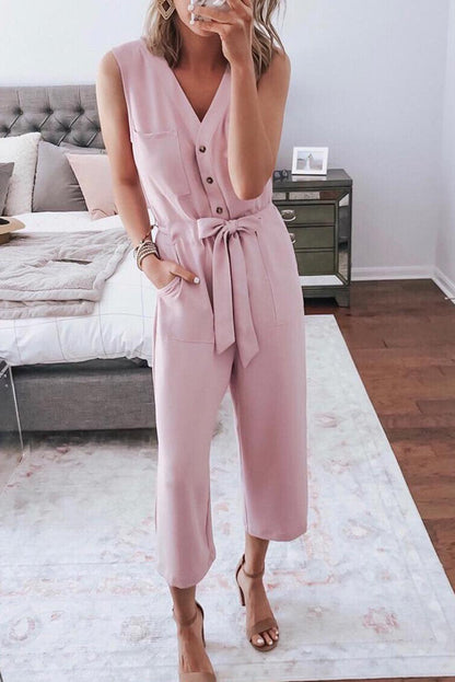 Pink Buttoned Sleeveless Cropped Jumpsuit With Sash - Vesteeto