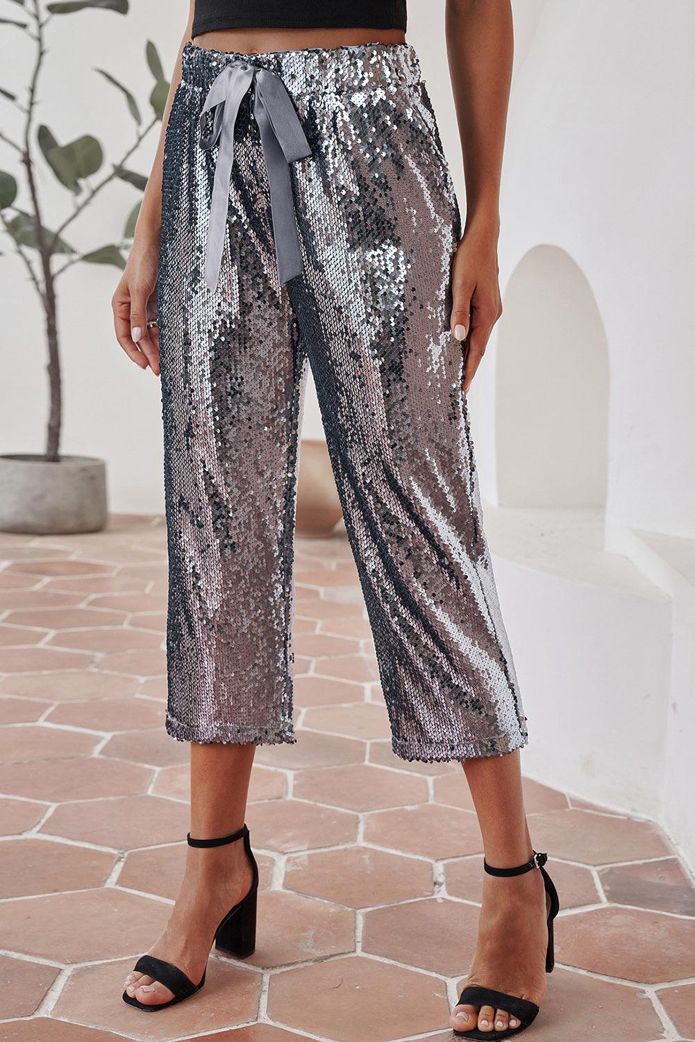 Silver High Waisted Drawstring Cropped Sequin Pants - Vesteeto