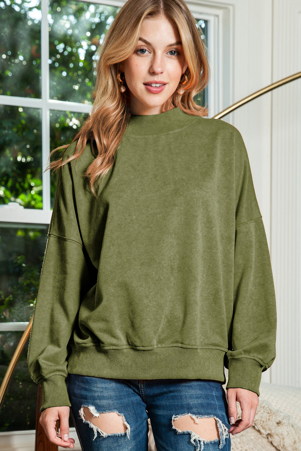 Brown Plain Drop Shoulder Crew Neck Pullover Sweatshirt 