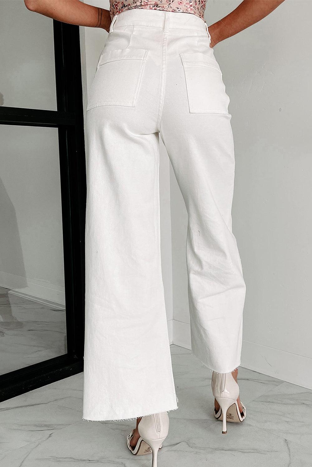 White Solid Raw Hem Wide Leg Crop Jeans - Vesteeto