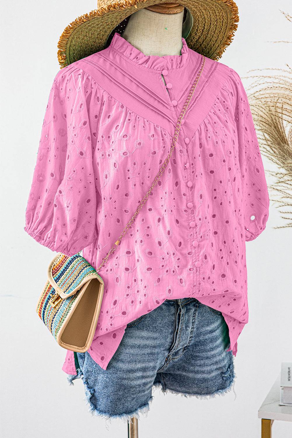 Green Flower Hollow-out Short Puff Sleeve Blouse 