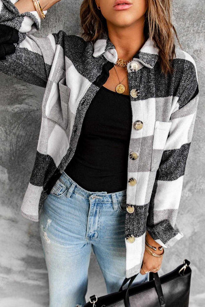 Plaid Color Block Buttoned Pocket Long Sleeve Shacket 