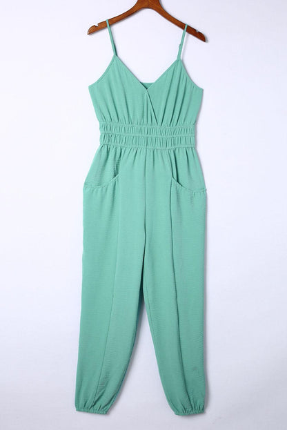 Green Shirred High Waist Sleeveless V Neck Jumpsuit - Vesteeto