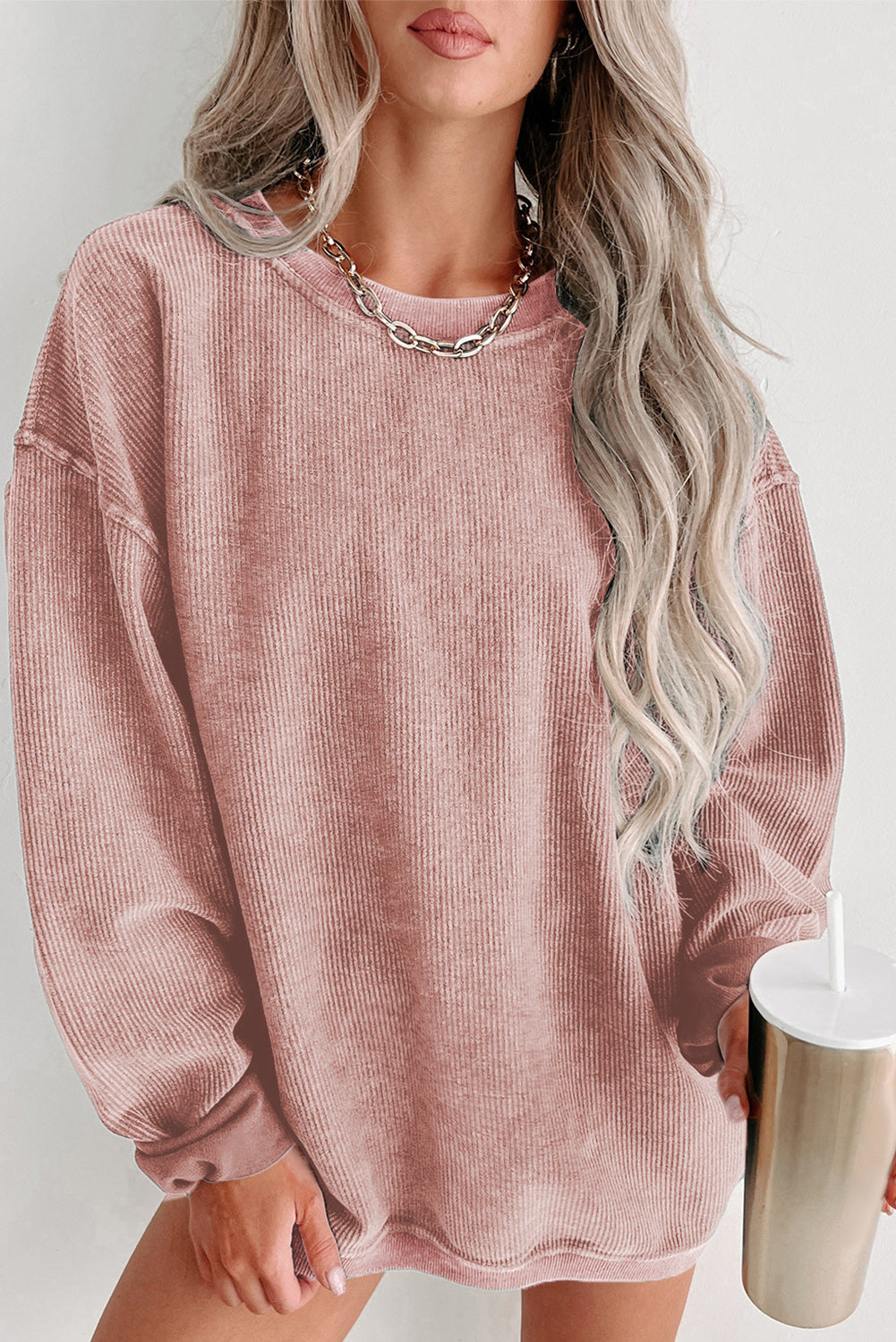 Pink Solid Ribbed Round Neck Pullover Sweatshirt 