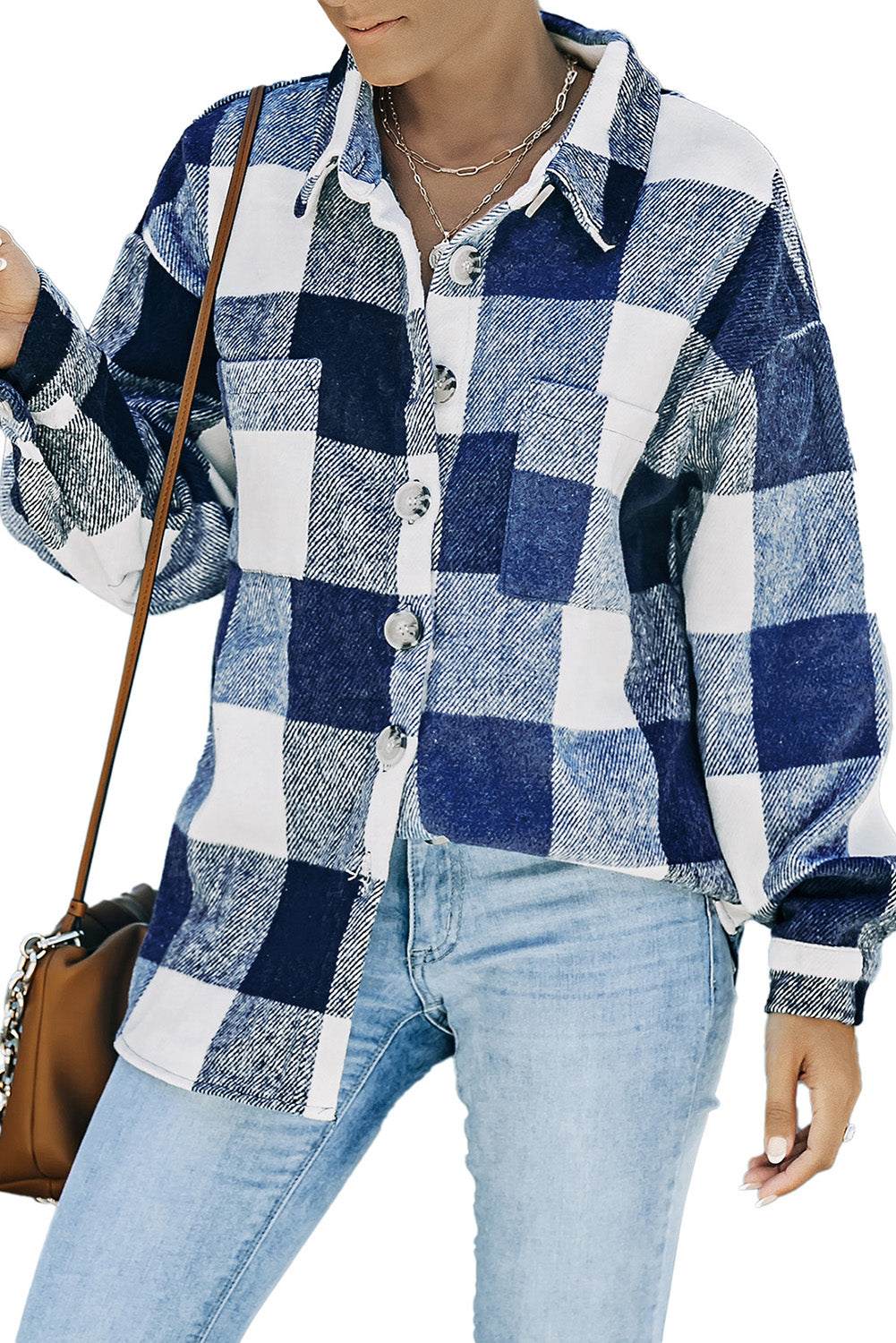 Plaid Color Block Buttoned Pocket Long Sleeve Shacket 