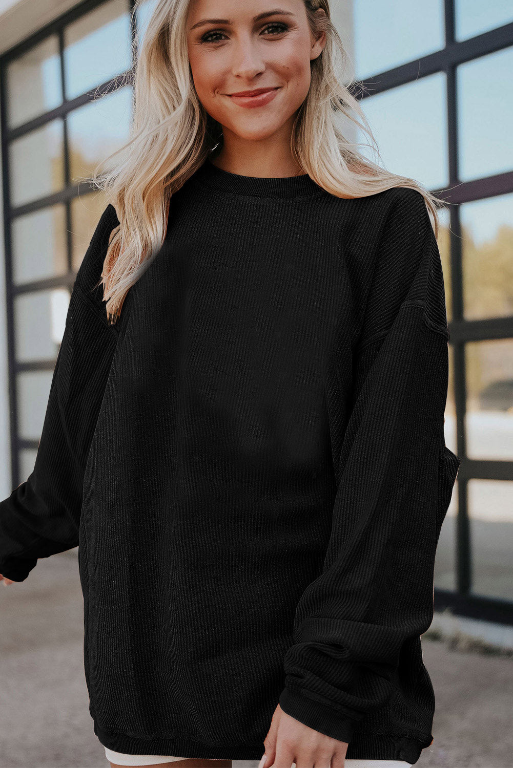 Orange Plain Drop Sleeve Crinkle Rib Oversized Sweatshirt 