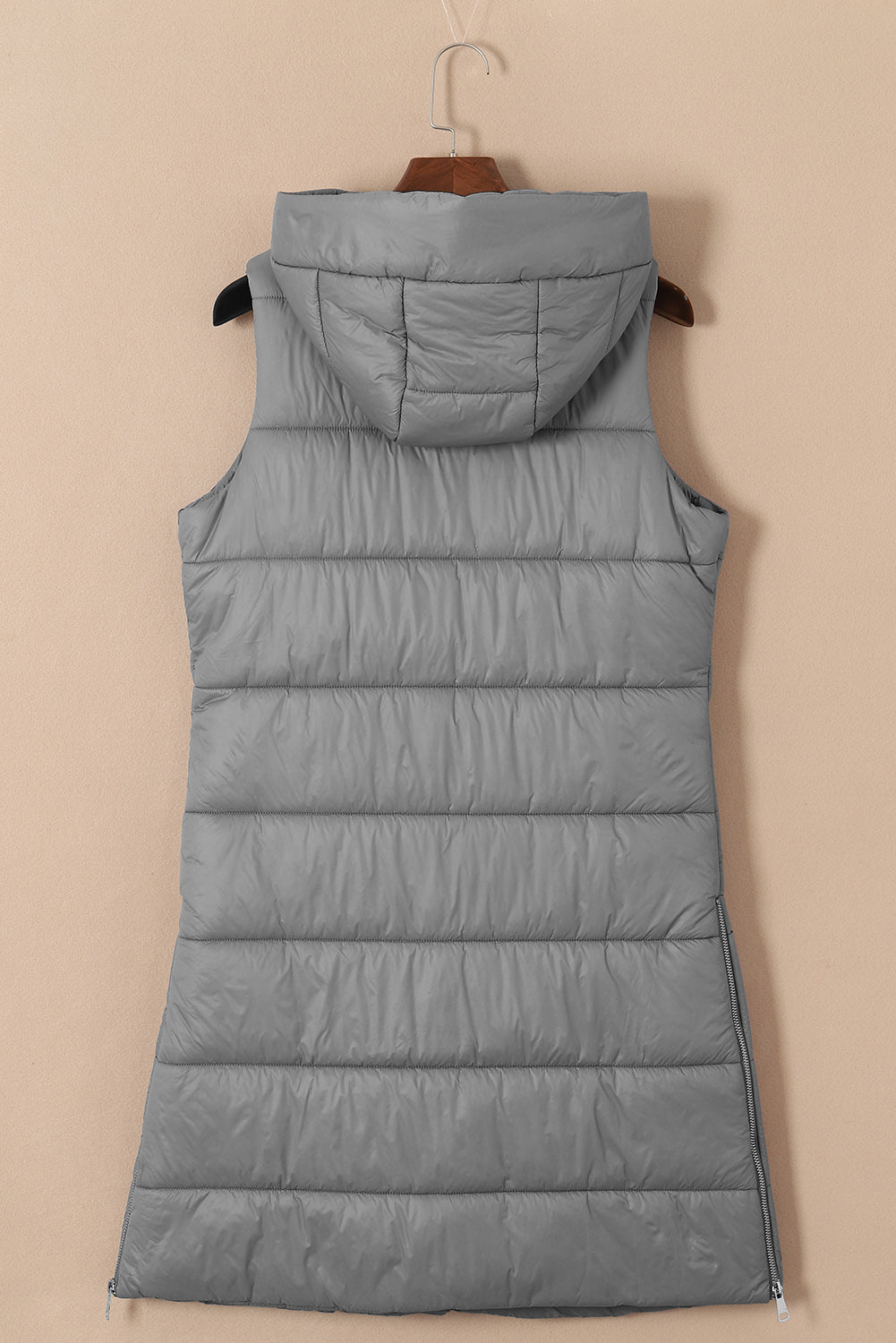 Dark Grey Hooded Pocketed Quilted Long Vest Coat 