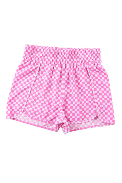 Pink Plaid Print High Waisted Athletic Shorts 