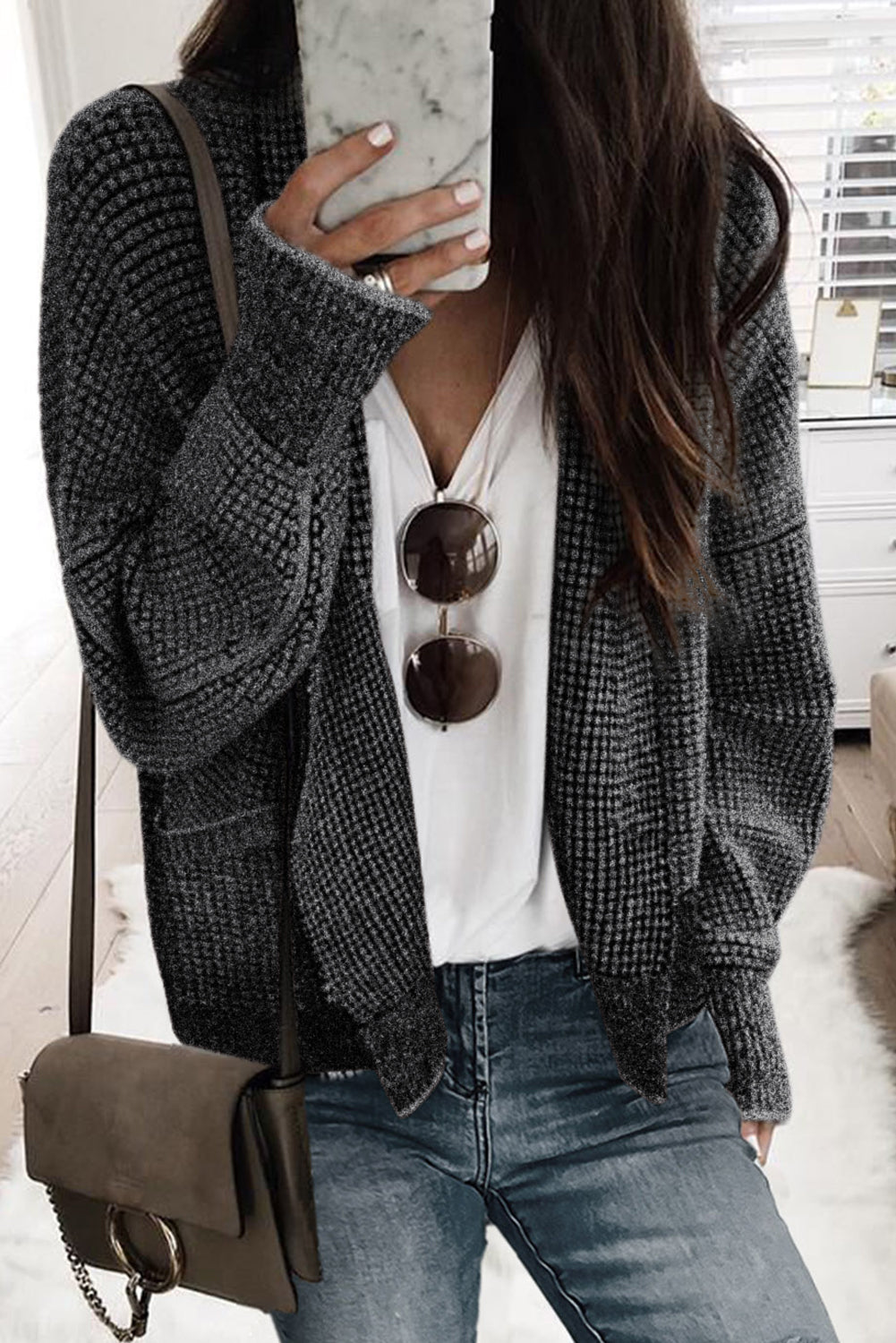 Brown Chunky Knit Pocketed Drop Sleeve Cardigan 