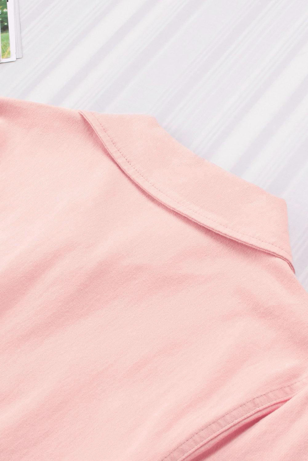 Pink Button Up Short Sleeve Denim Romper with Pockets - Vesteeto