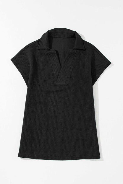 Black Textured V Neck Collared Slit Hem T Shirt - Stylish Top - Vesteeto