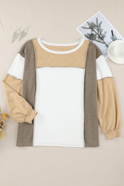 Khaki Color Block Exposed Seam Long Sleeve T Shirt - Vesteeto