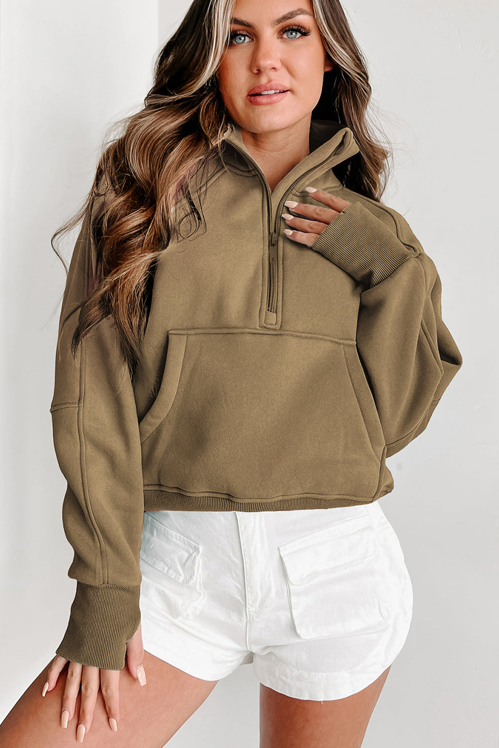 Smoke Green Zip Up Stand Collar Ribbed Thumbhole Sleeve Sweatshirt 