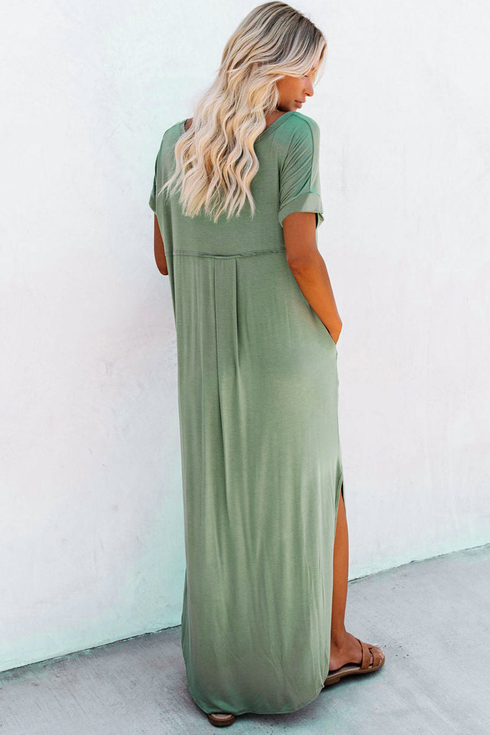 Grass Green Solid Color Hidden Pocket V Neck Slit Maxi Dress 