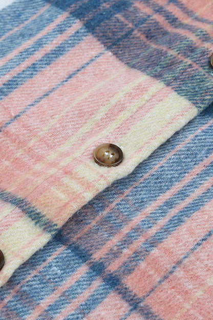 Pink & Grey Plaid Button Up Collared Flannel Shacket - Vesteeto