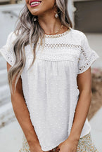 White Swiss Dot Crochet Eyelet Back Button Detail Summer Top 