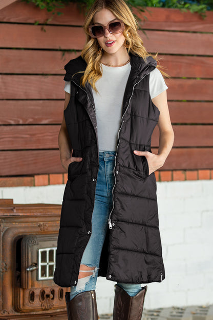 Dark Grey Hooded Pocketed Quilted Long Vest Coat 