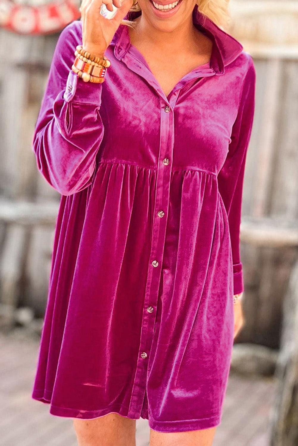 Rose Velvet Shirt Dress - Vesteeto