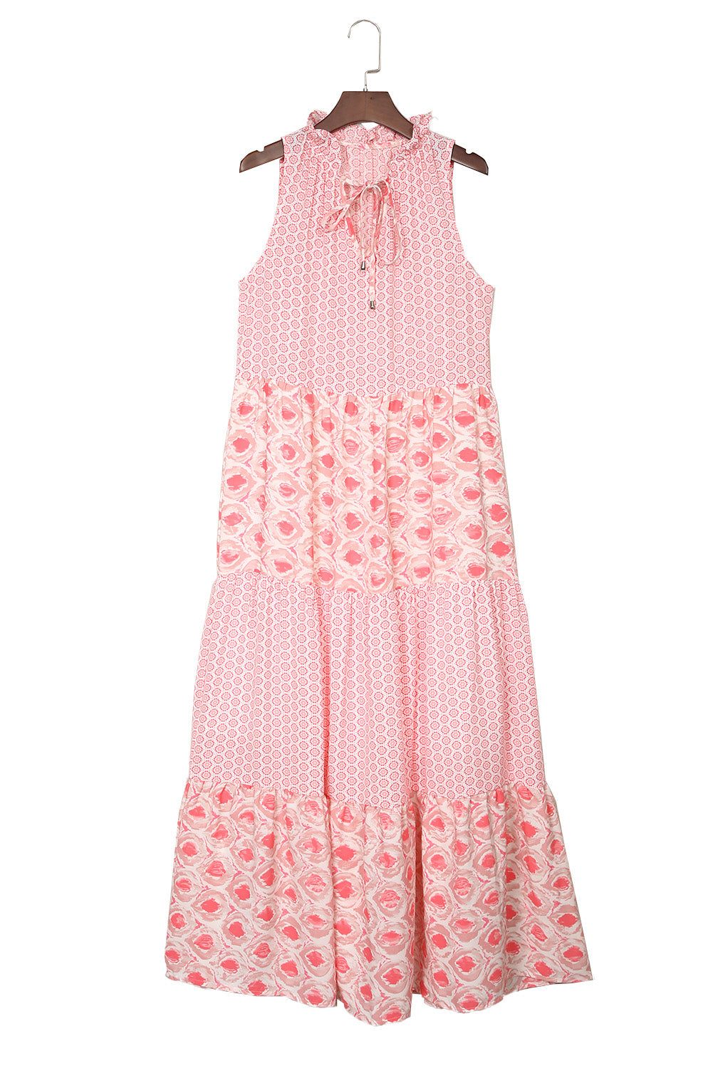 Pink Abstract Sleeveless V Neck Summer Tiered Dress 