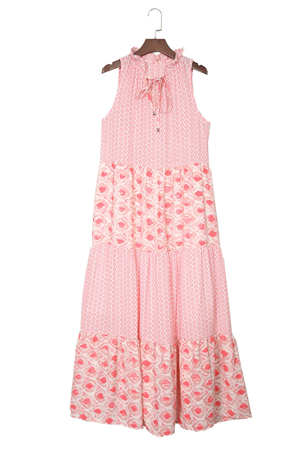 Pink Abstract Print Patchwork Sleeveless V Neck Tiered Dress 