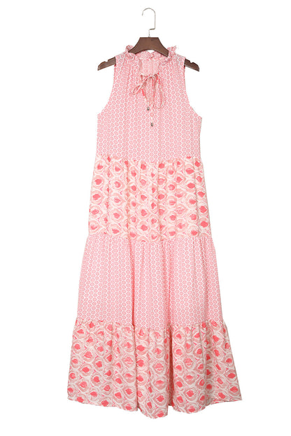 Pink Abstract Print Patchwork Sleeveless V Neck Tiered Dress 