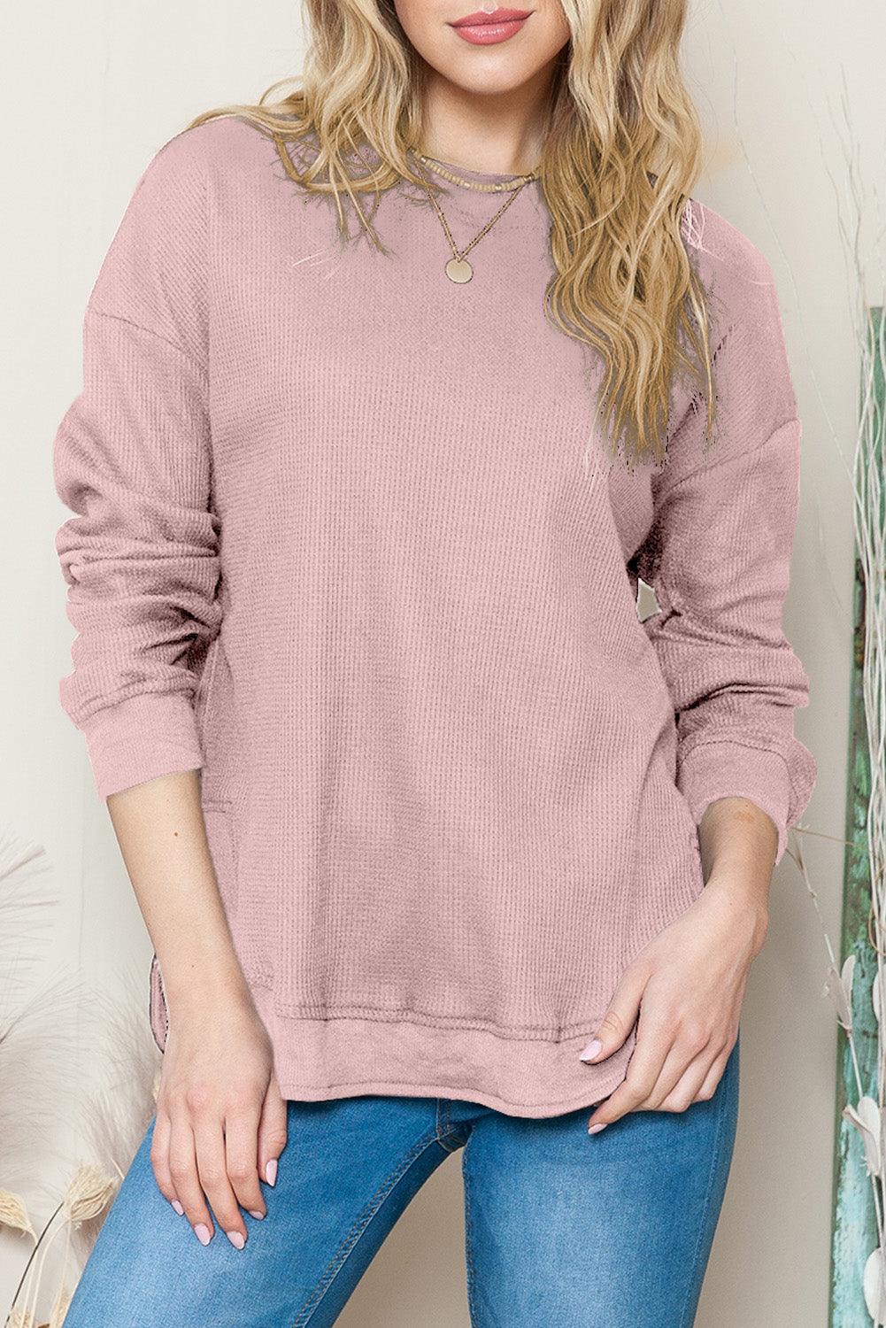 Pink Waffle Knit Crew Neck Casual Long Sleeve Top - Vesteeto