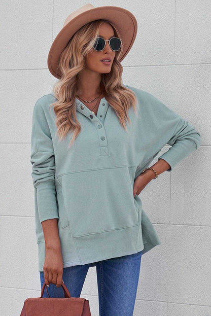 Light Blue Casual Batwing Sleeve Pocket Henley Hoodie 