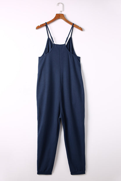 Blue Casual Textured Sleeveless V-Neck Pocketed Jumpsuit