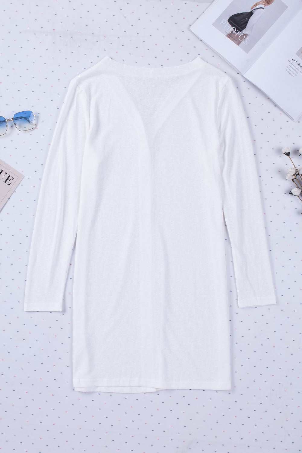 White Solid Button Up V Neck Long Cover Up 