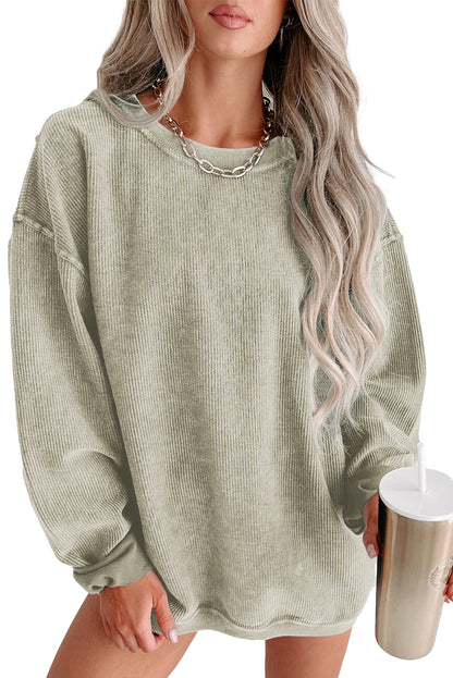 Pink Solid Ribbed Round Neck Pullover Sweatshirt 