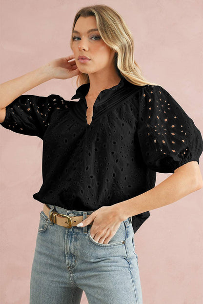 Green Flower Hollow-out Short Puff Sleeve Blouse 