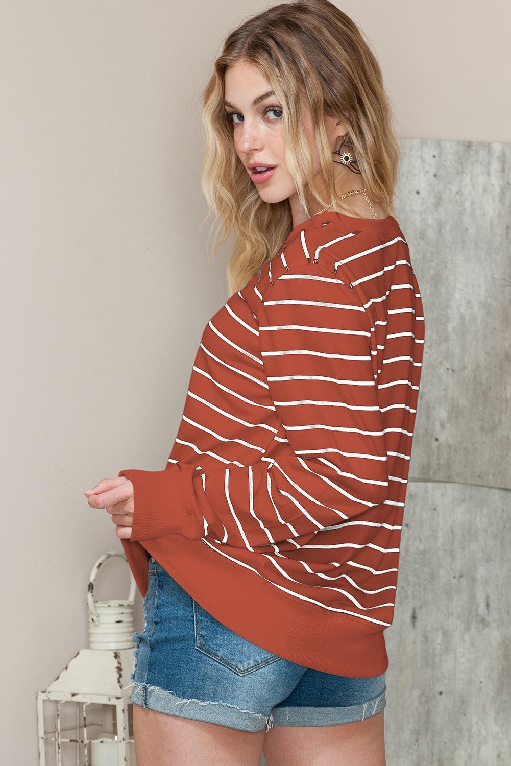 Striped Print Casual Pullover Long Sleeve Top for Women - Vesteeto
