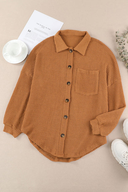 Green Waffle Knit Pocket Button Front Shacket 