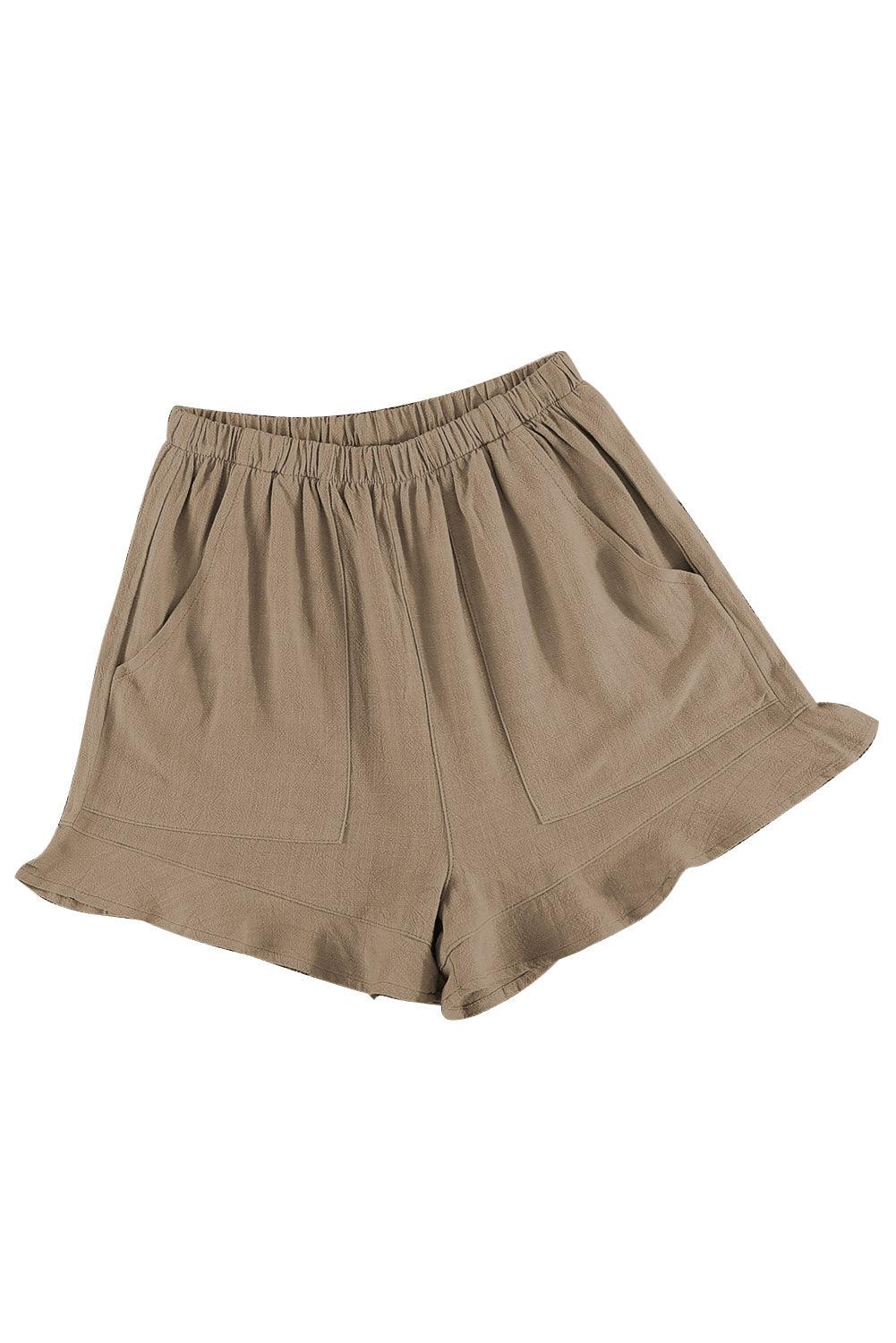 Khaki Casual Pocketed Ruffle High Waist Shorts - Vesteeto