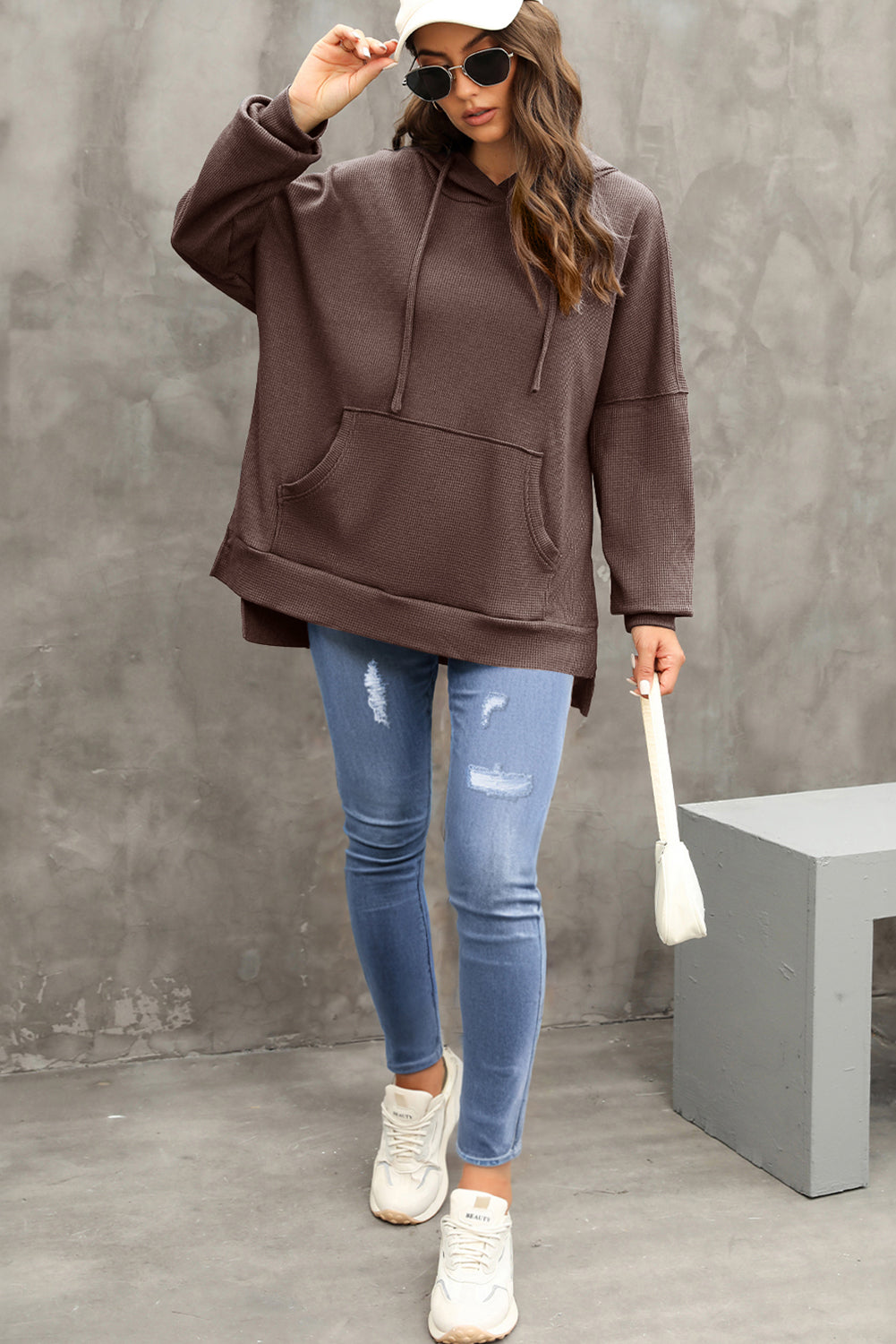 Coffee Waffle Knit High Low Oversized Hoodie 