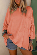 Pink Ribbed Roll-tab Sleeve Chest Pocket Oversize Top 