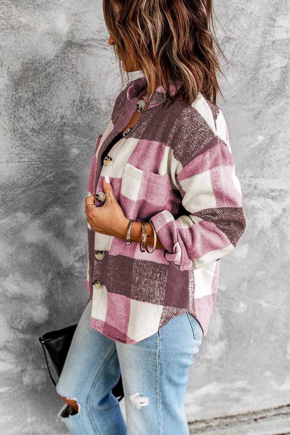 Plaid Color Block Buttoned Pocket Long Sleeve Shacket 