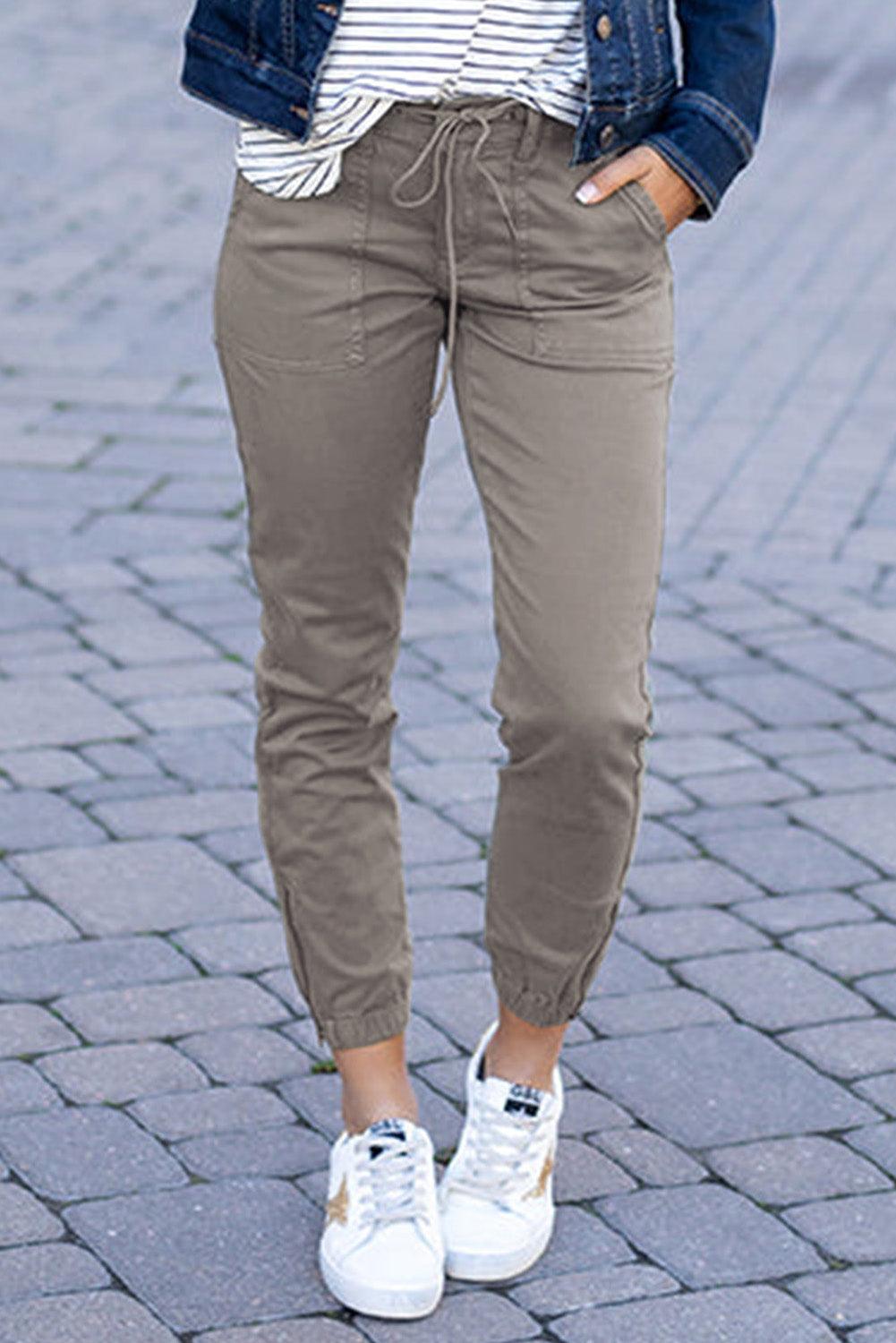 Green Slim Fit Pocketed Casual High Waisted Pants - Vesteeto