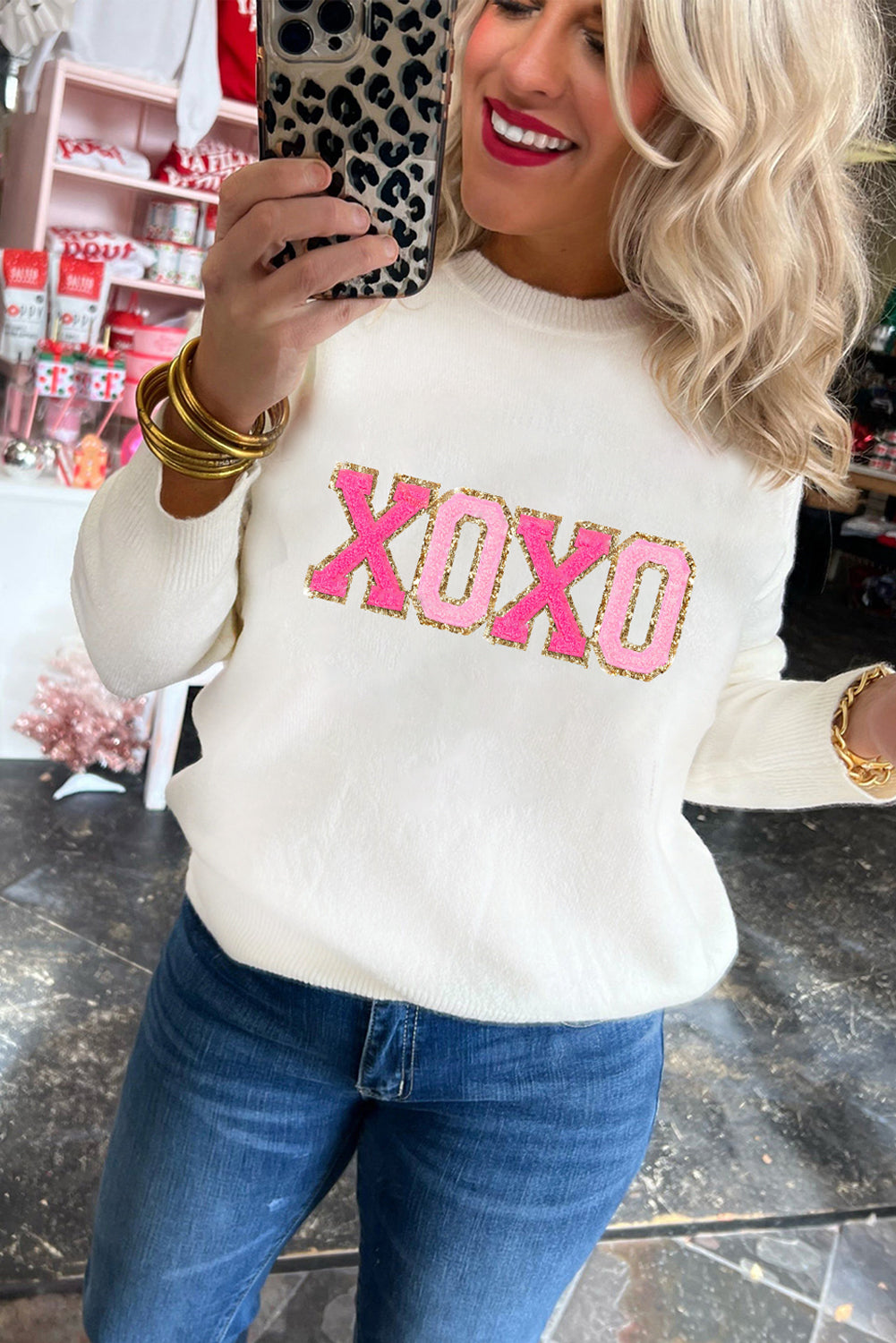 White Glitter Merry & Bright Round Neck Knit Sweater 