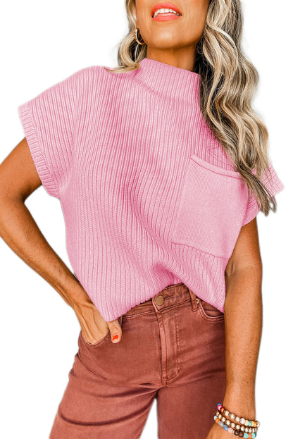 Pink Patch Pocket Ribbed Knit Short Sleeve Sweater 