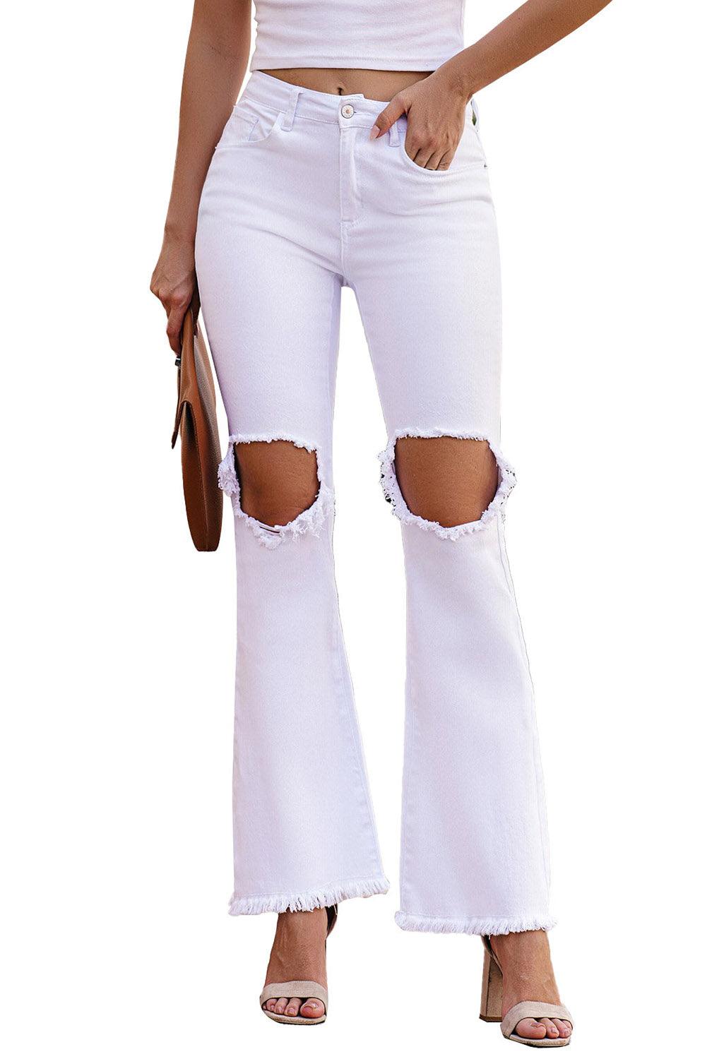 White Casual Ripped Raw Hem Flare Jeans - Vesteeto