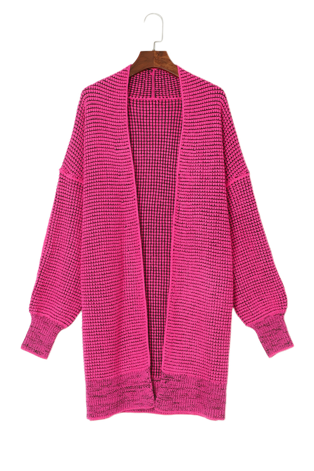 Pink Plaid Contrast Trim Casual Knit Long Cardigan 