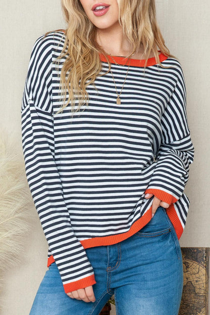 Striped Colorblock Trim Knit Pullover Sweater 