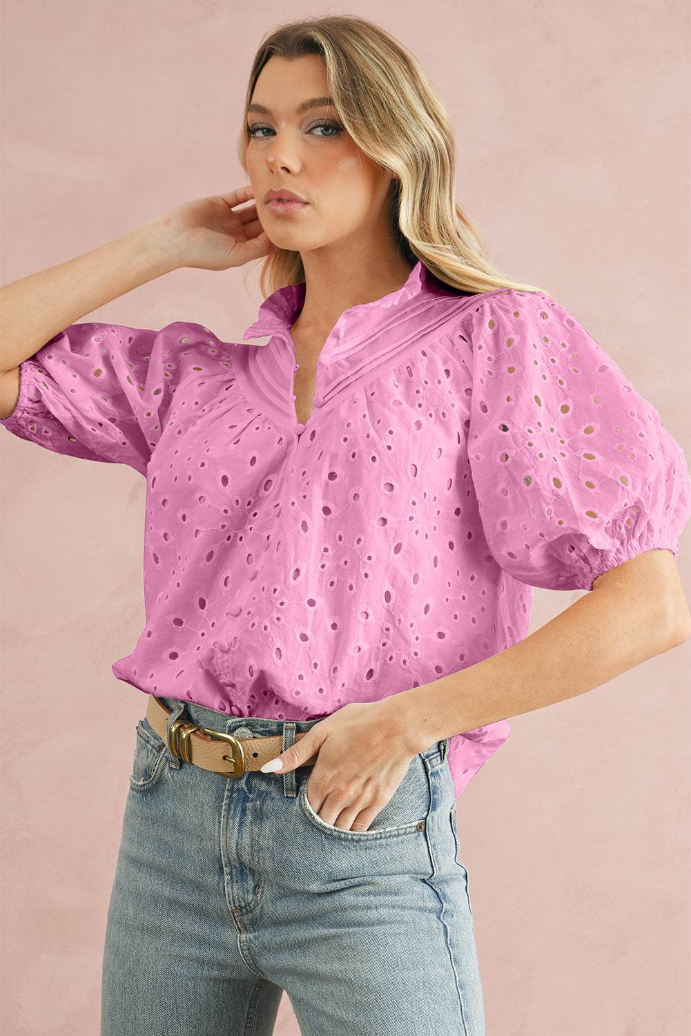 Green Flower Hollow-out Short Puff Sleeve Blouse 